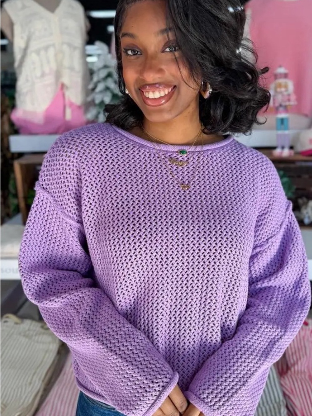 Zenana Outfitters Lavender Open-Stitch Crewneck Sweater